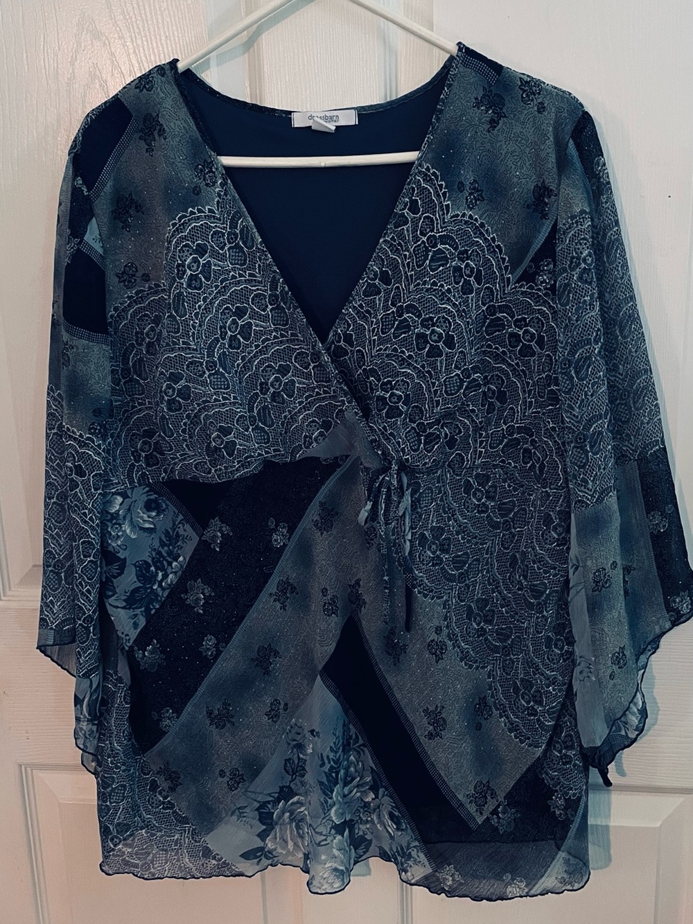 dressbarn Blue Floral Lace-Print Wrap Blouse